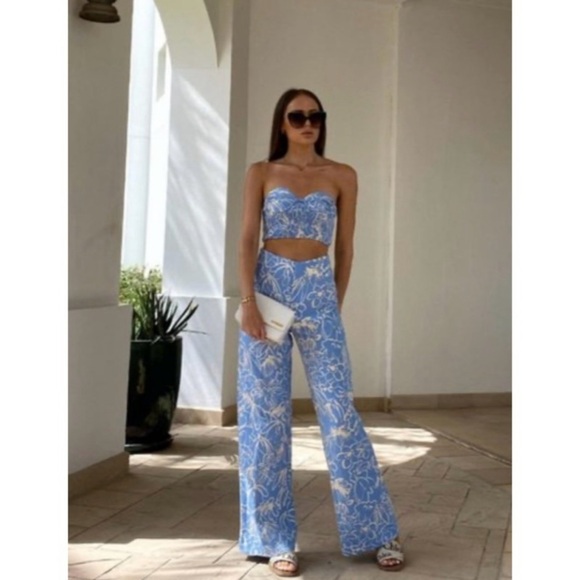 Zara Blue Abstract Floral Printed Linen Blend Flared Pant Trousers S - Picture 1 of 9